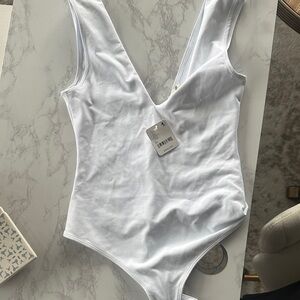 Free People White V-Neck Bodysuit